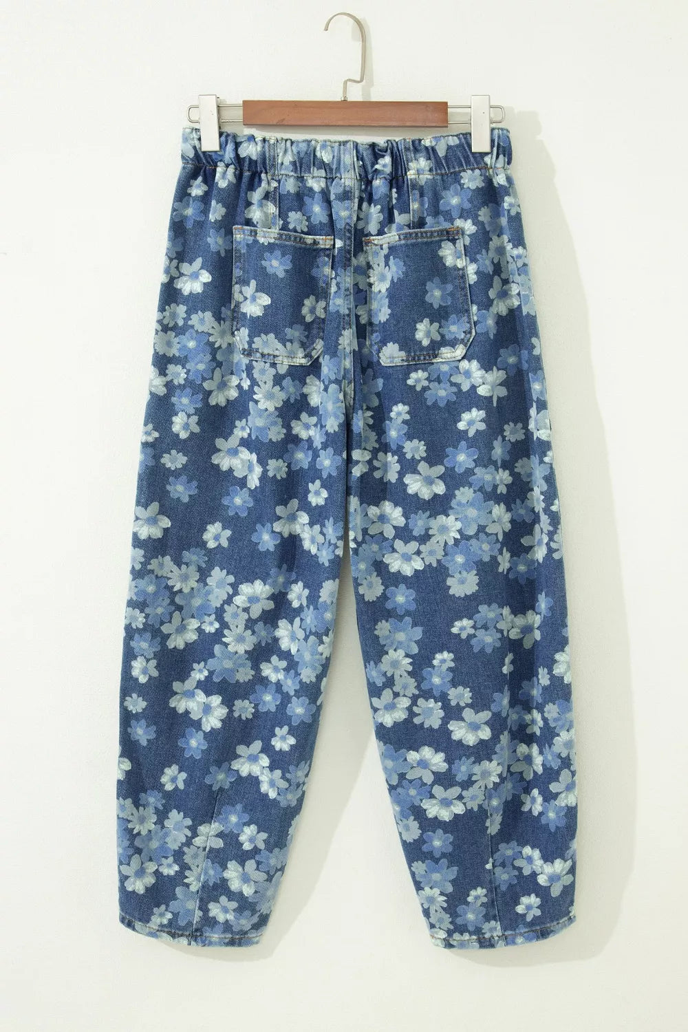 Dainty Floral Printed Drawstring Barrel Jeans