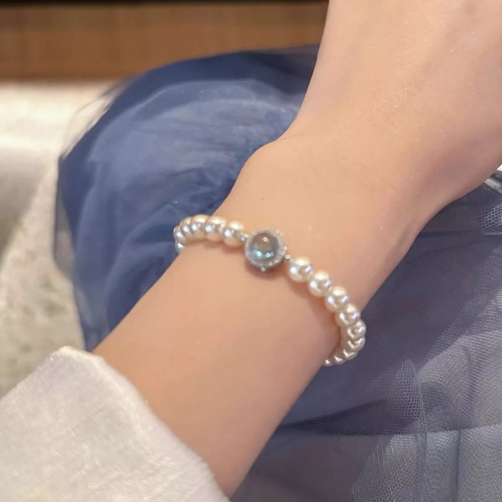 925 Sterling Silver Zircon Bead Pearl Bracelet