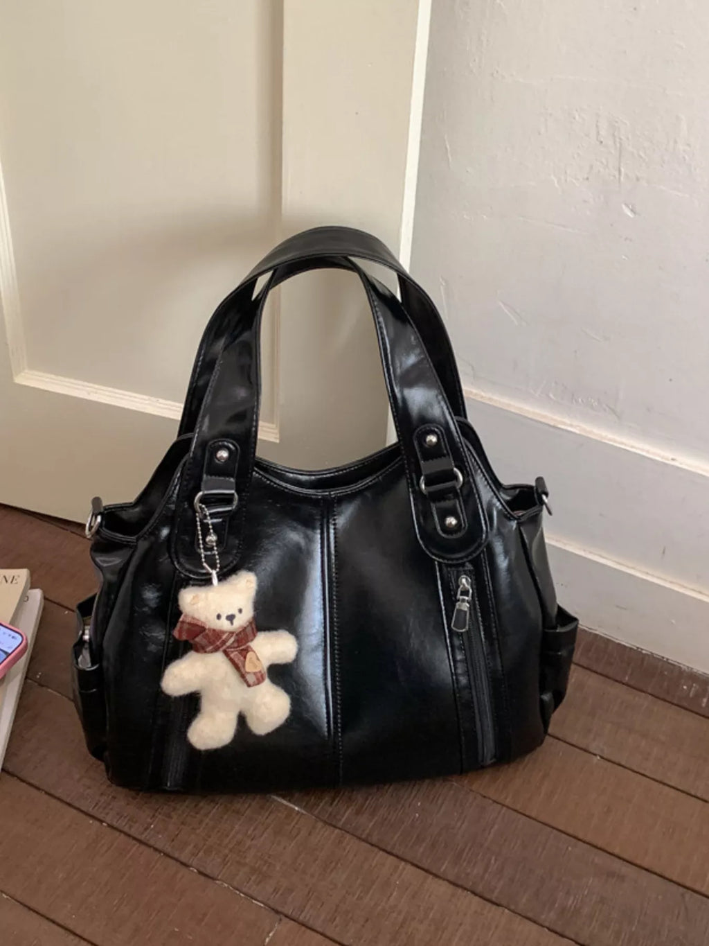 Leather Shoulder Bag with Bear Charm
