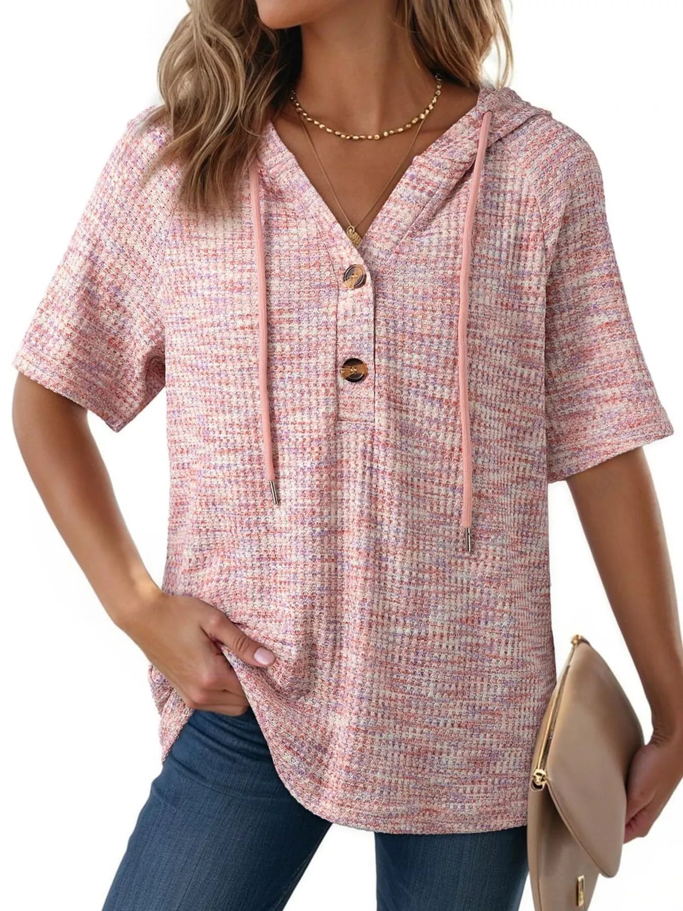 Drawstring Short Sleeve Hooded Top