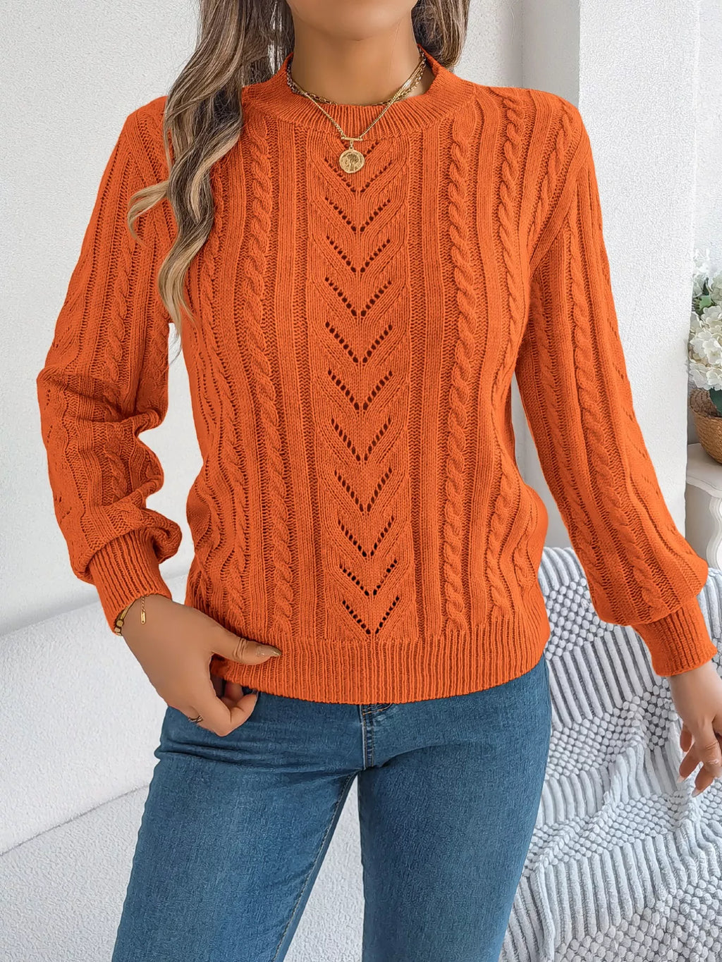 Cable-Knit Round Neck Sweater