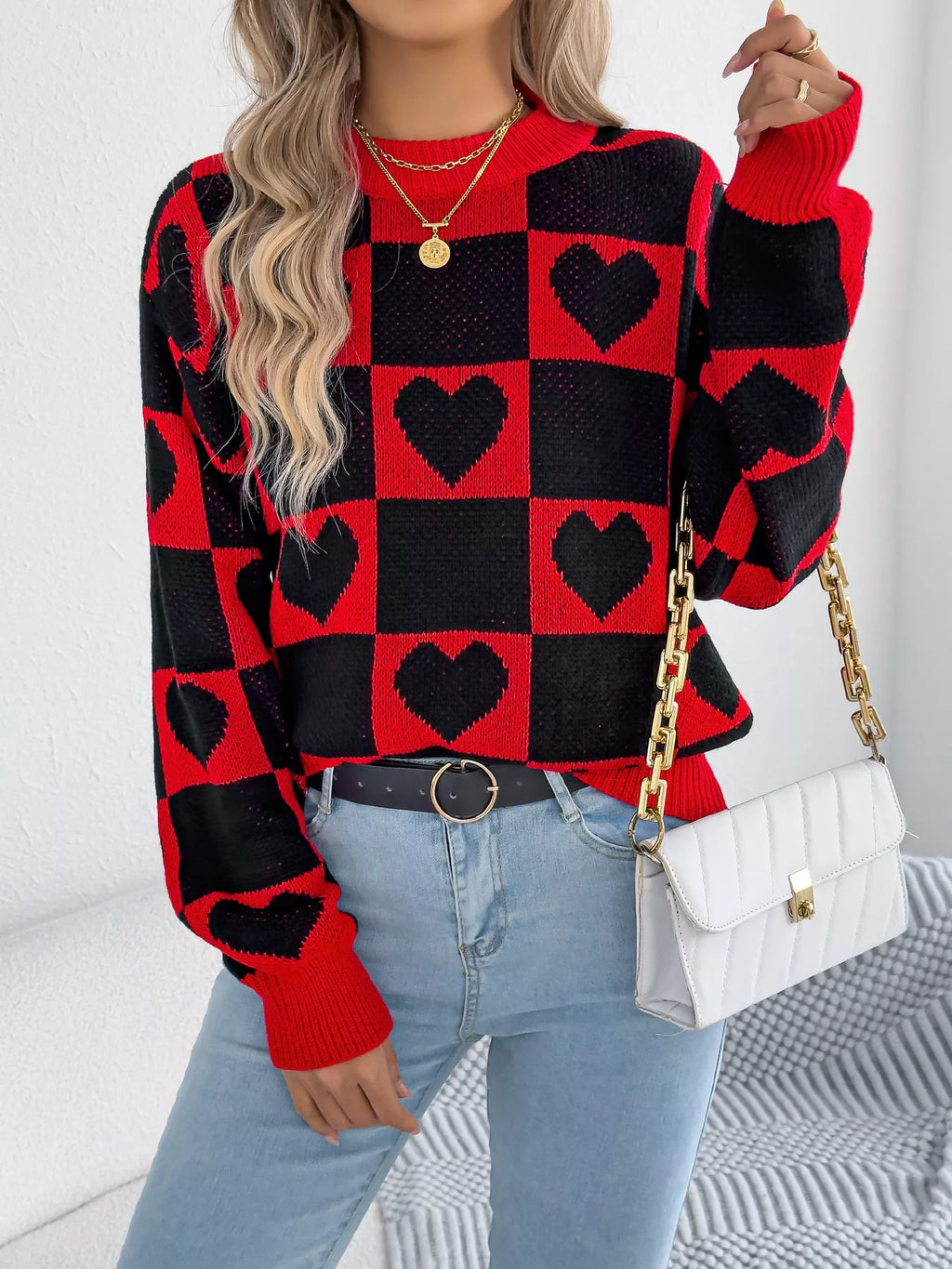 Heart Checkerboard Pattern Round Neck Sweater