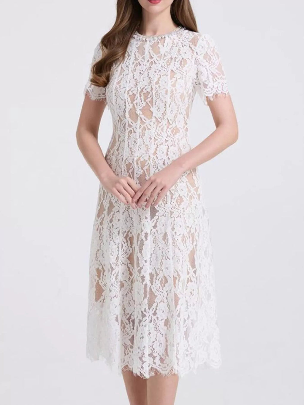 Lace Pearl Neckline Midi Dress