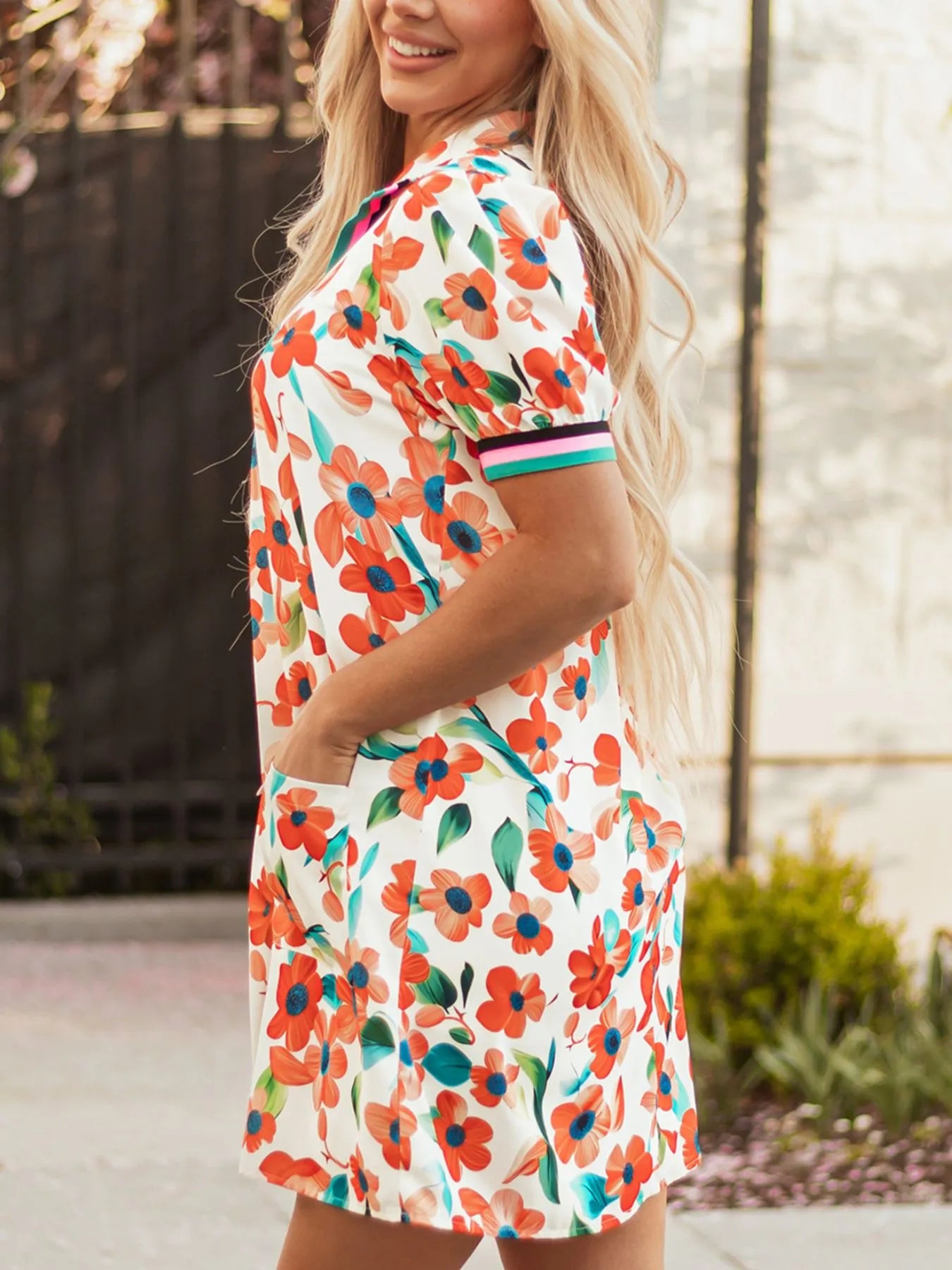 Contrast Trim Floral Split Neck Puff Short Sleeve Tiered Mini Dress
