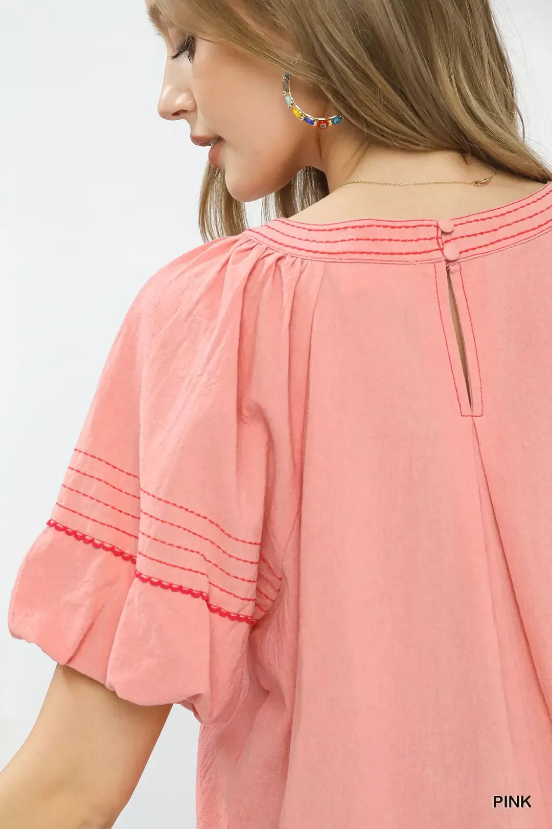 Umgee Round Neck Puff Sleeve Top with Contrast Stitch Detail