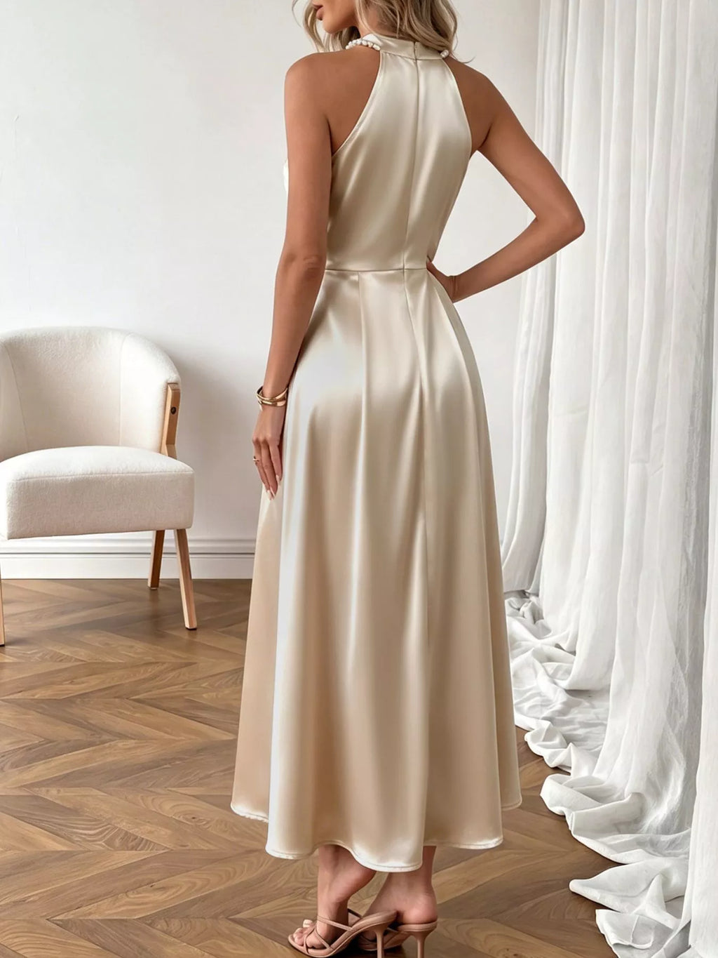 Pearl Halter Satin Midi Dress