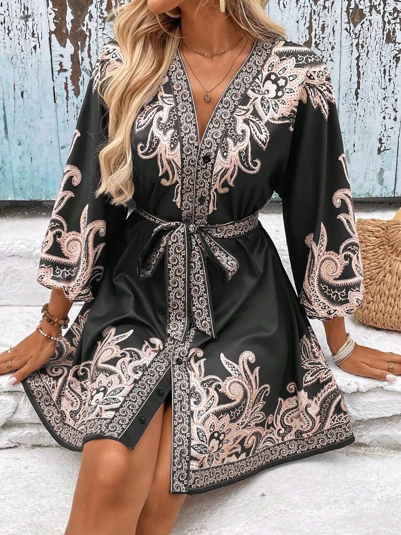 Paisley Print V-Neck Belted Mini Dress