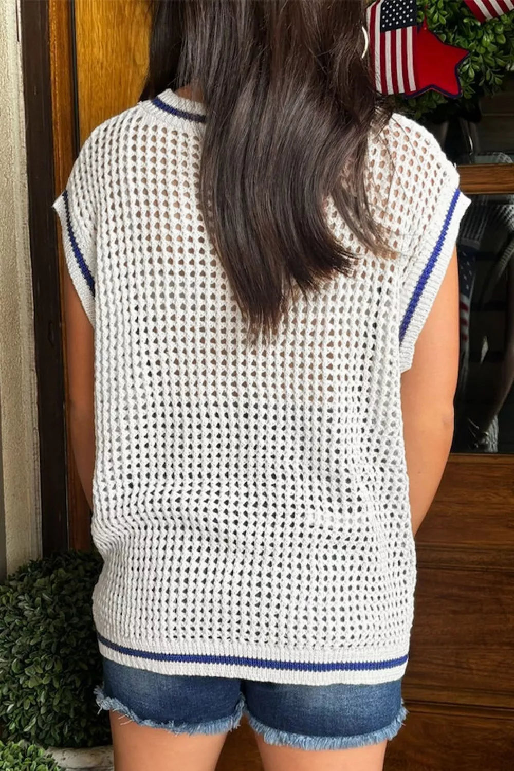USA Flag Eyelet Knitted Cap Sleeve Sweater Top
