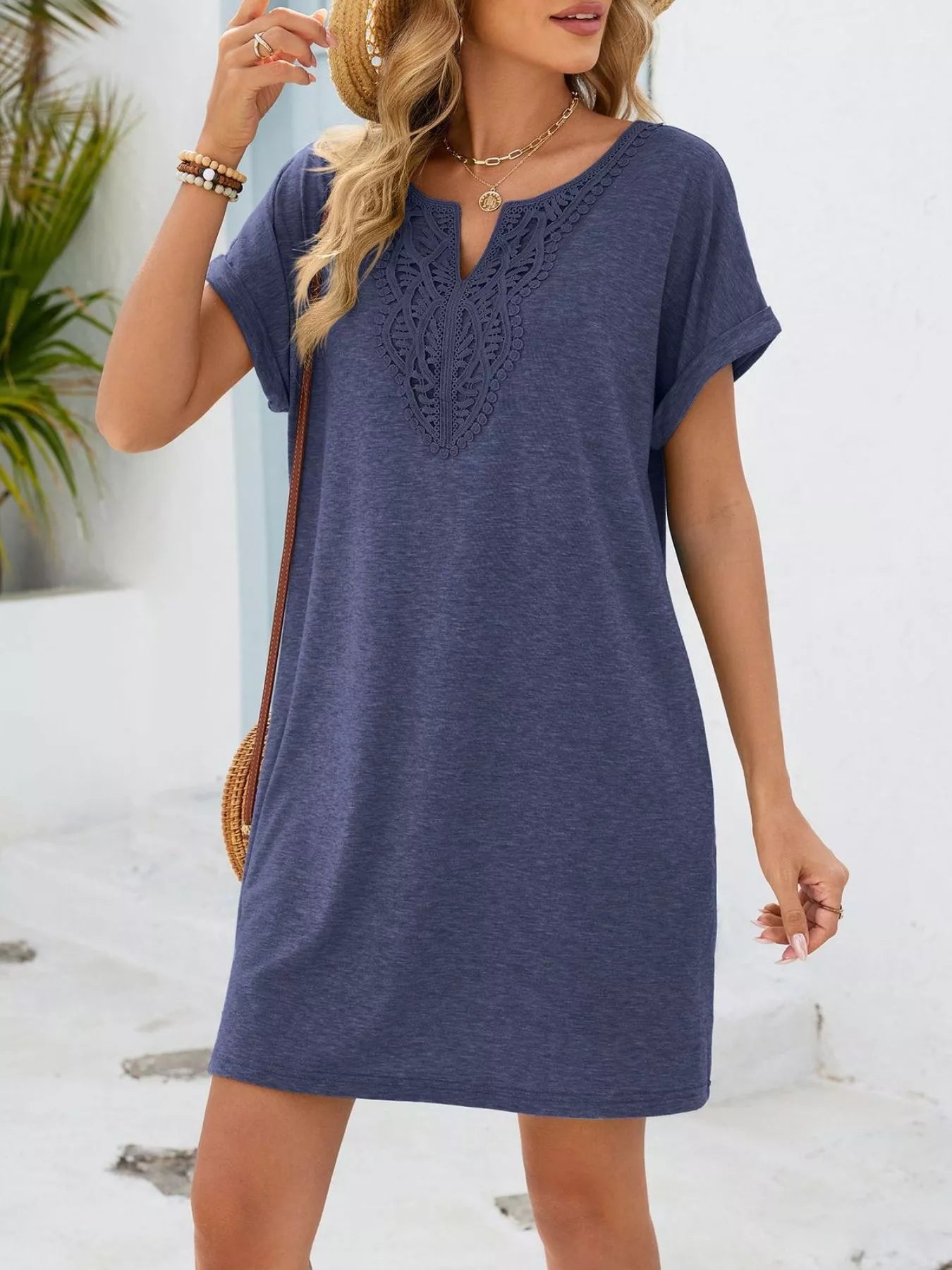 Lace Trim Notched Short Sleeve Dress