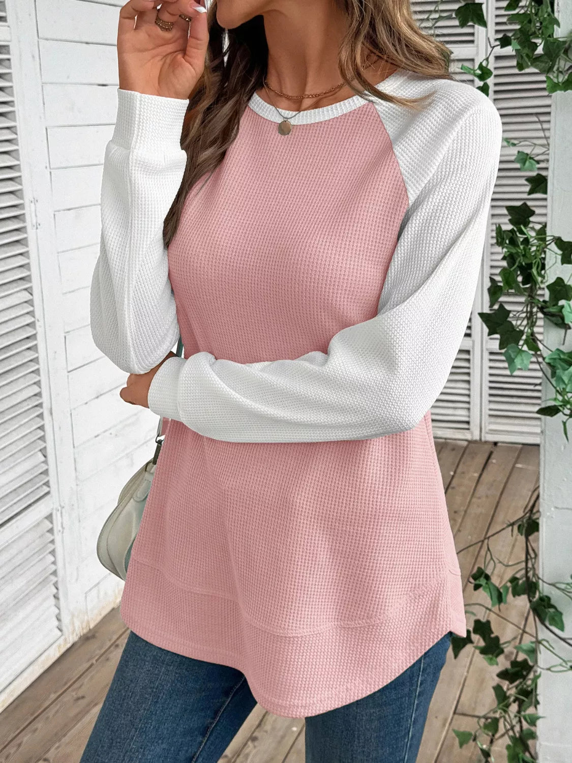 Waffle Knit Raglan Sleeve T-Shirt