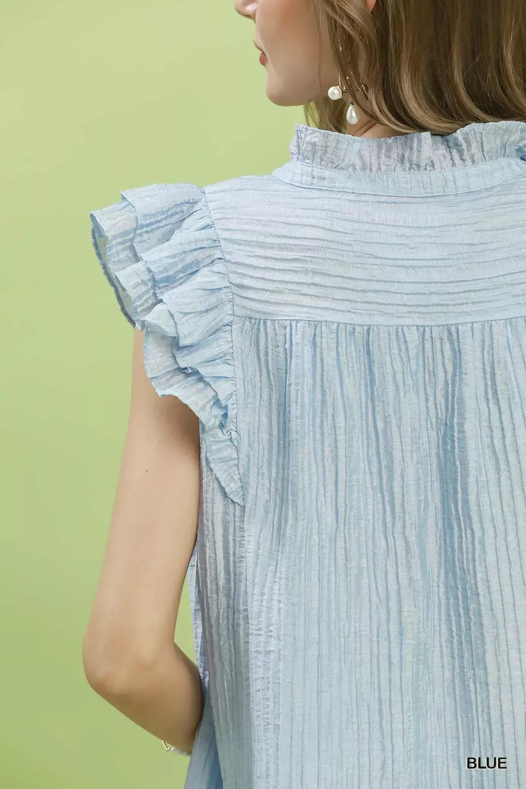 Umgee Textured Ruffle Sleeve Split V Neck Top