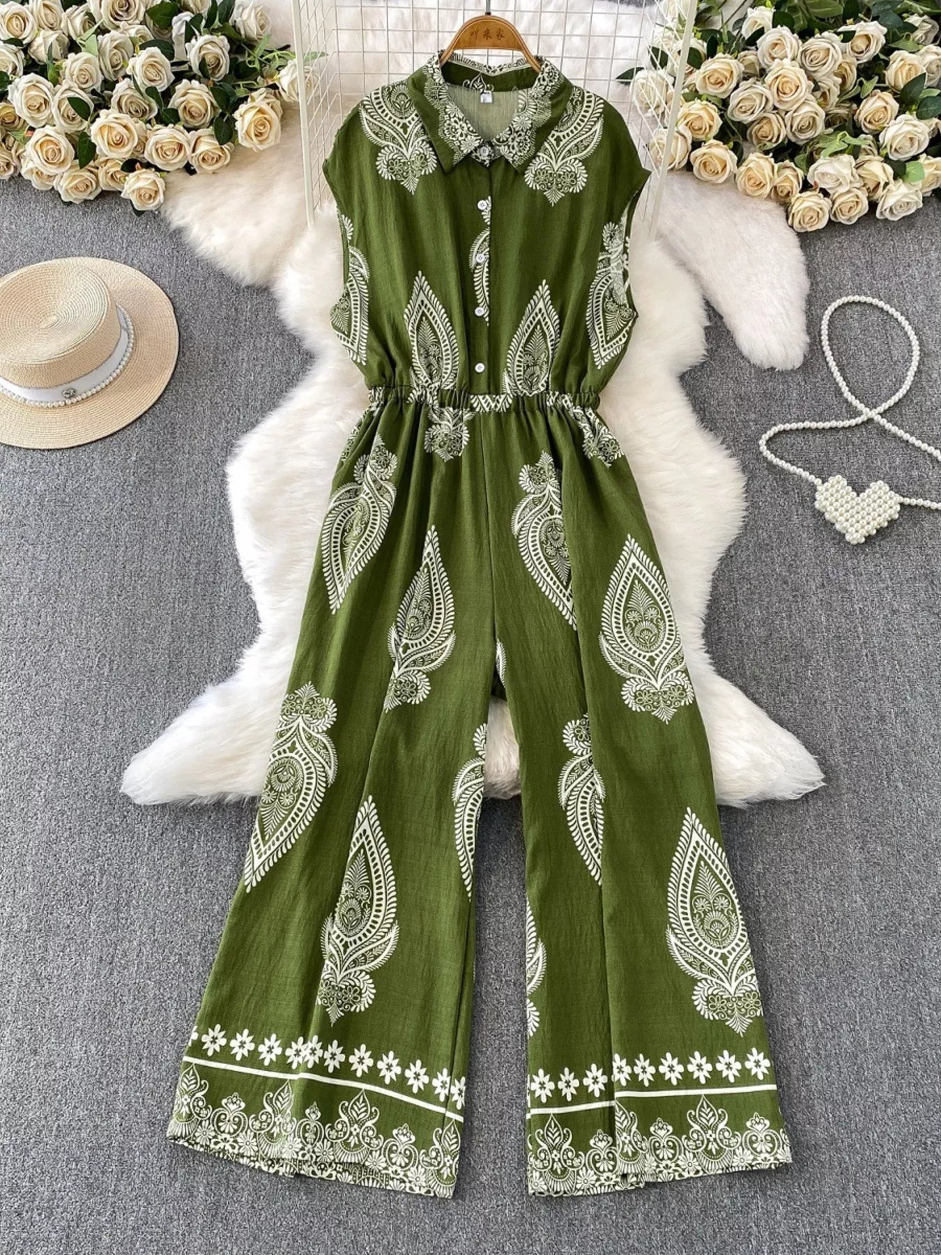 Button Front Wide Leg Jumpsuit