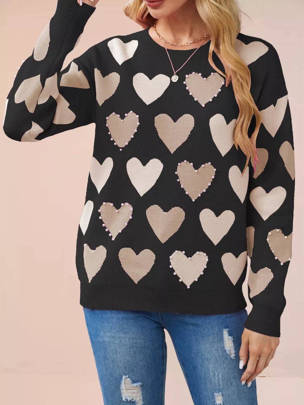 Heart Pattern Beaded Round Neck Sweater