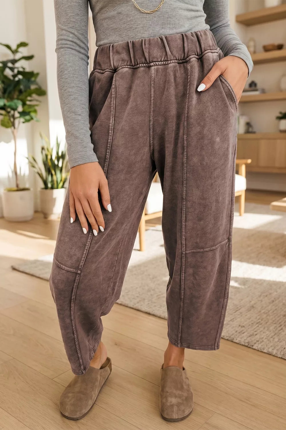Mineral Wash Seam Detail Elastic Waist Barrel Pants