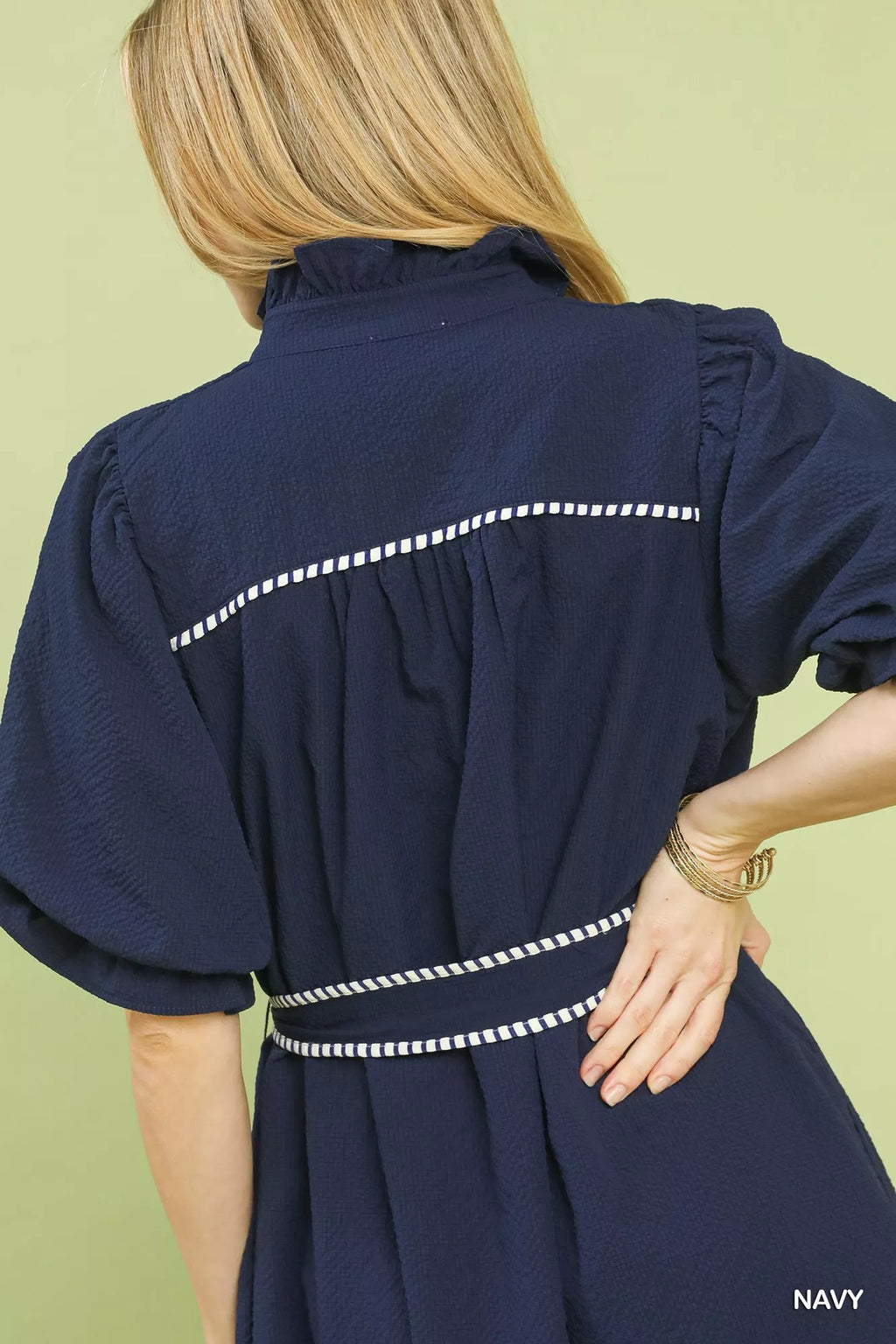 Umgee Ruffle Collar Midi Dress with Stripe Trim