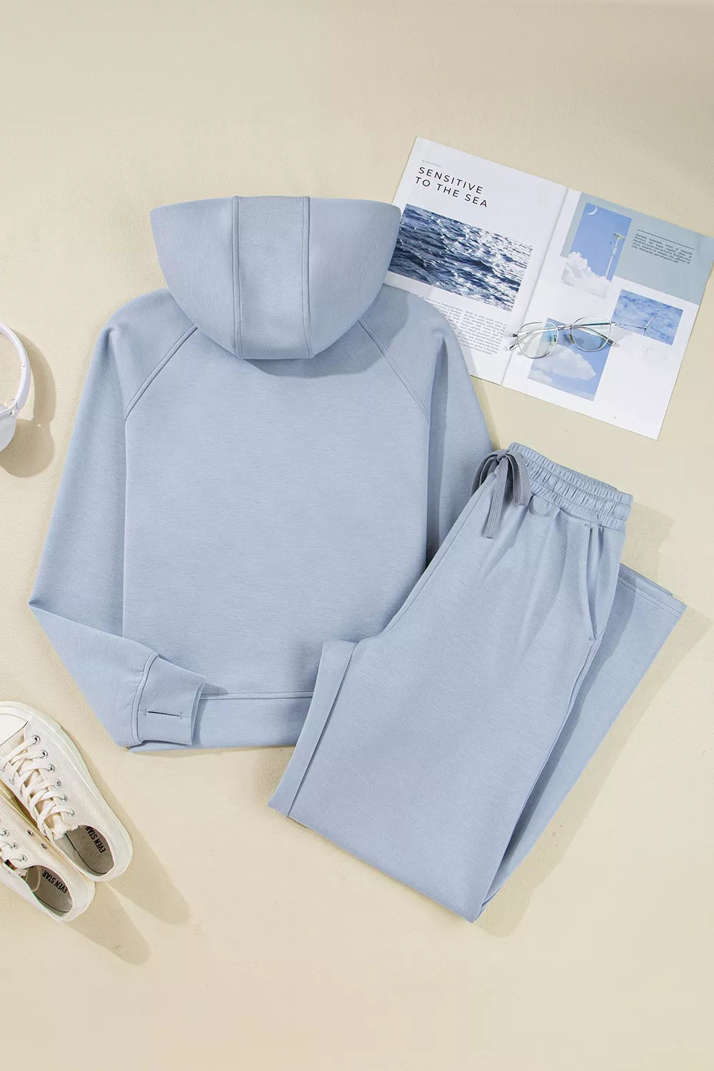 Half Zip Thumbhole Sleeve Hoodie and Pants 2pcs Outfit