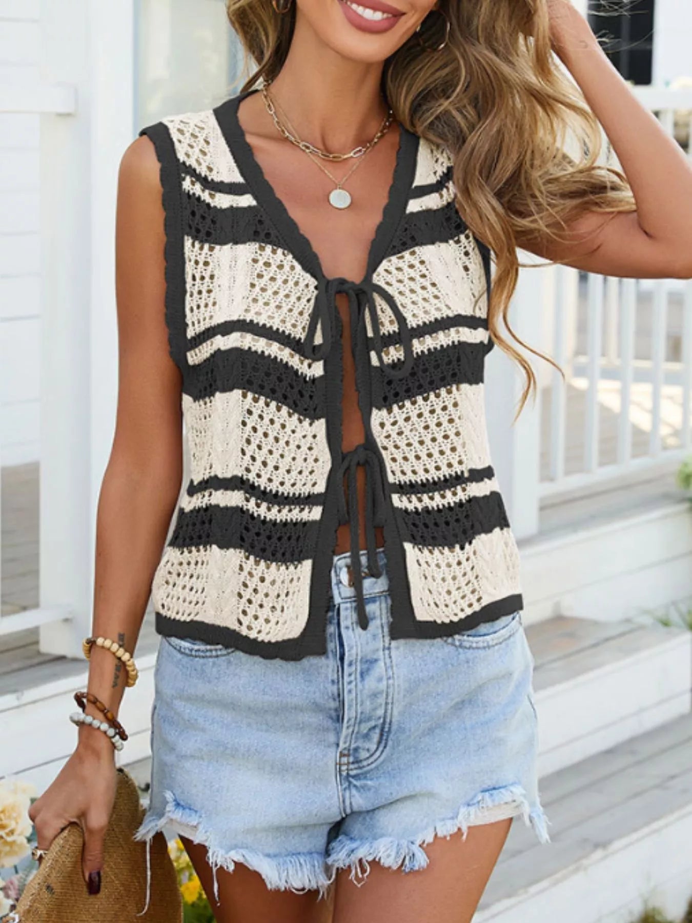 Striped Crochet Tie-Front Cardigan