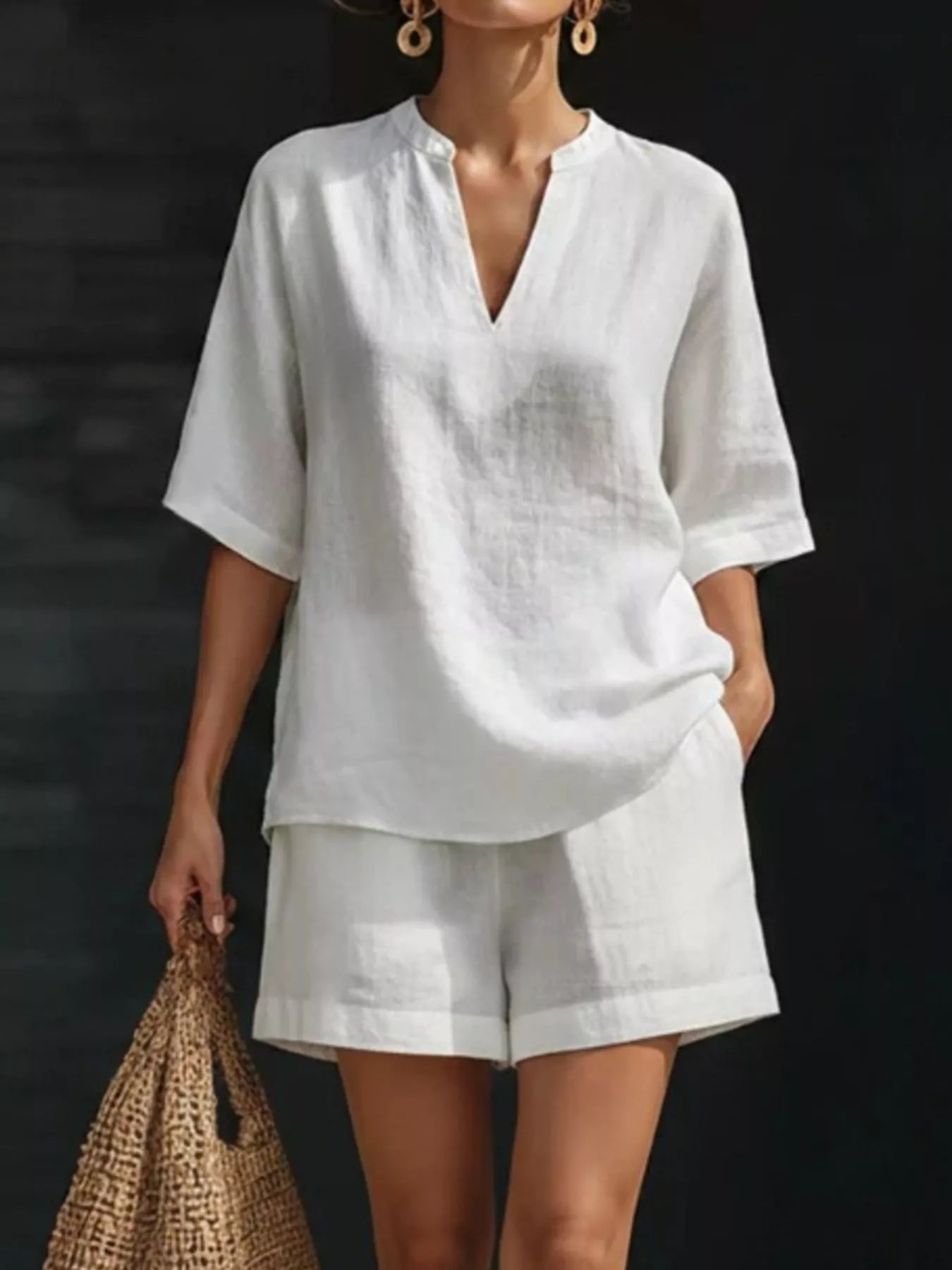 Notched Half Sleeve Top and Shorts Set