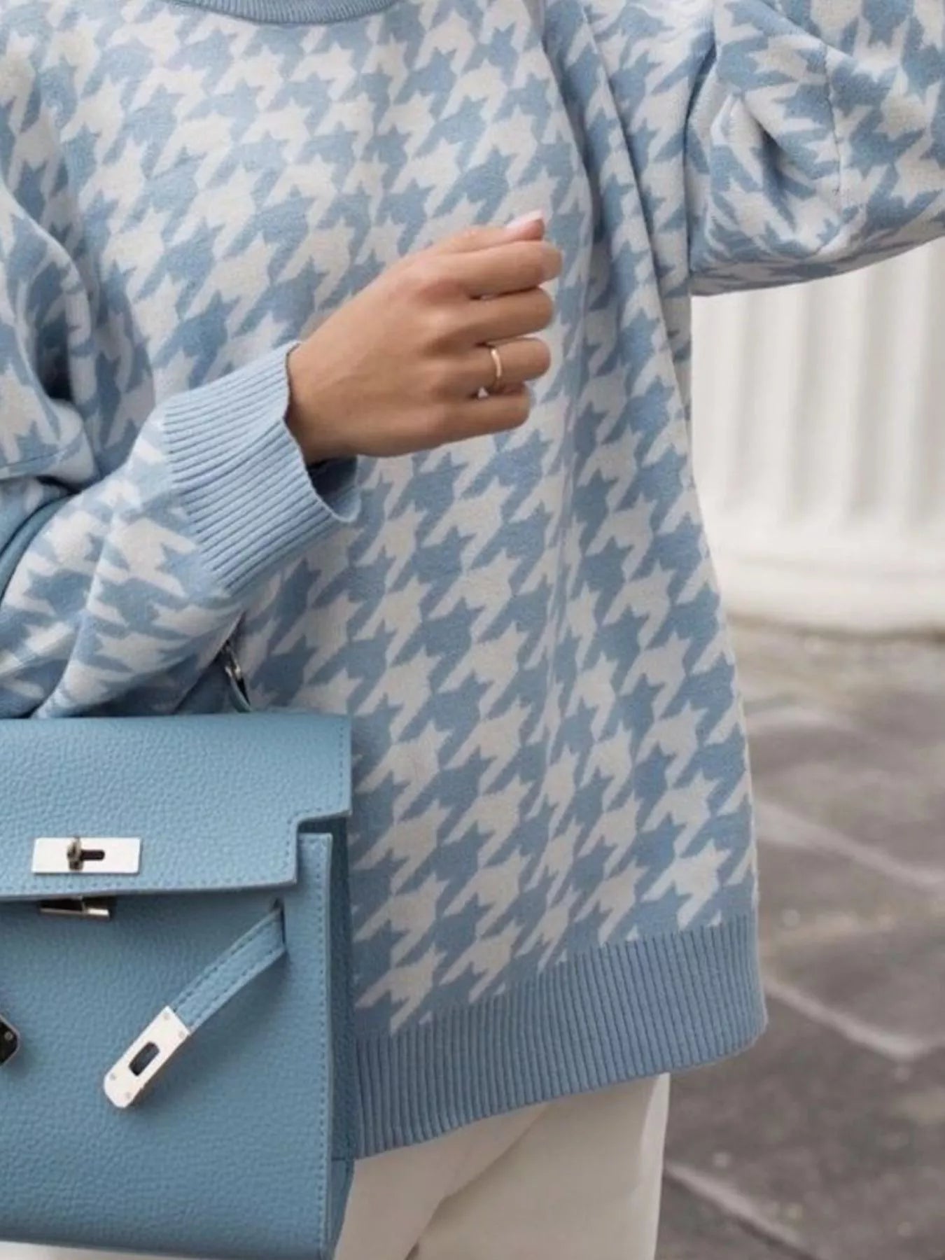 Full Size Houndstooth Pattern Oversized Sweater Plus Size
