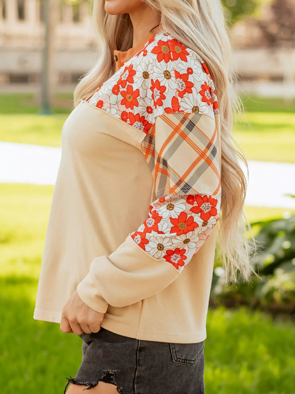 Floral Plaid Patchwork Casual Top
