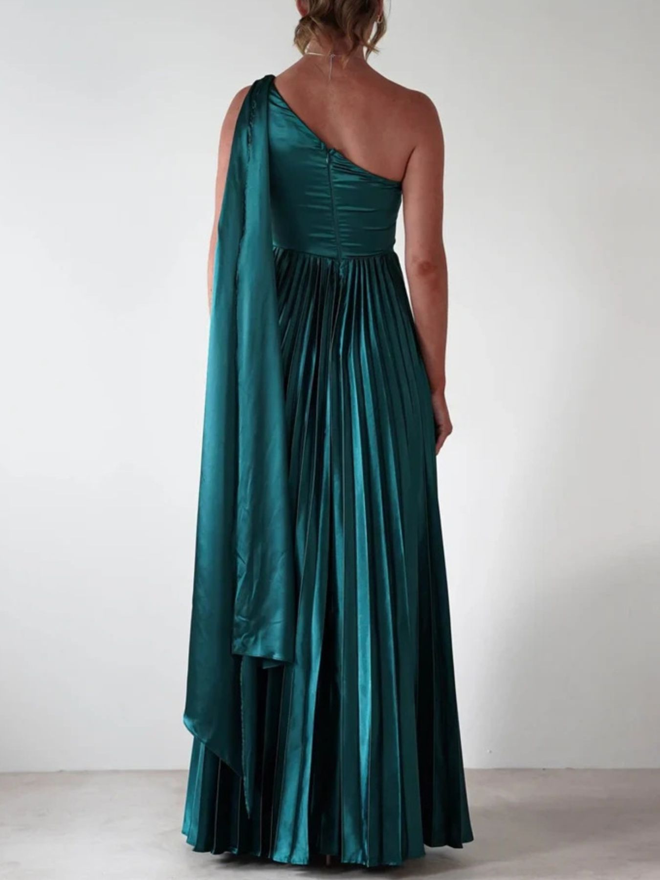 One-Shoulder Pleated Slit Maxi Dress