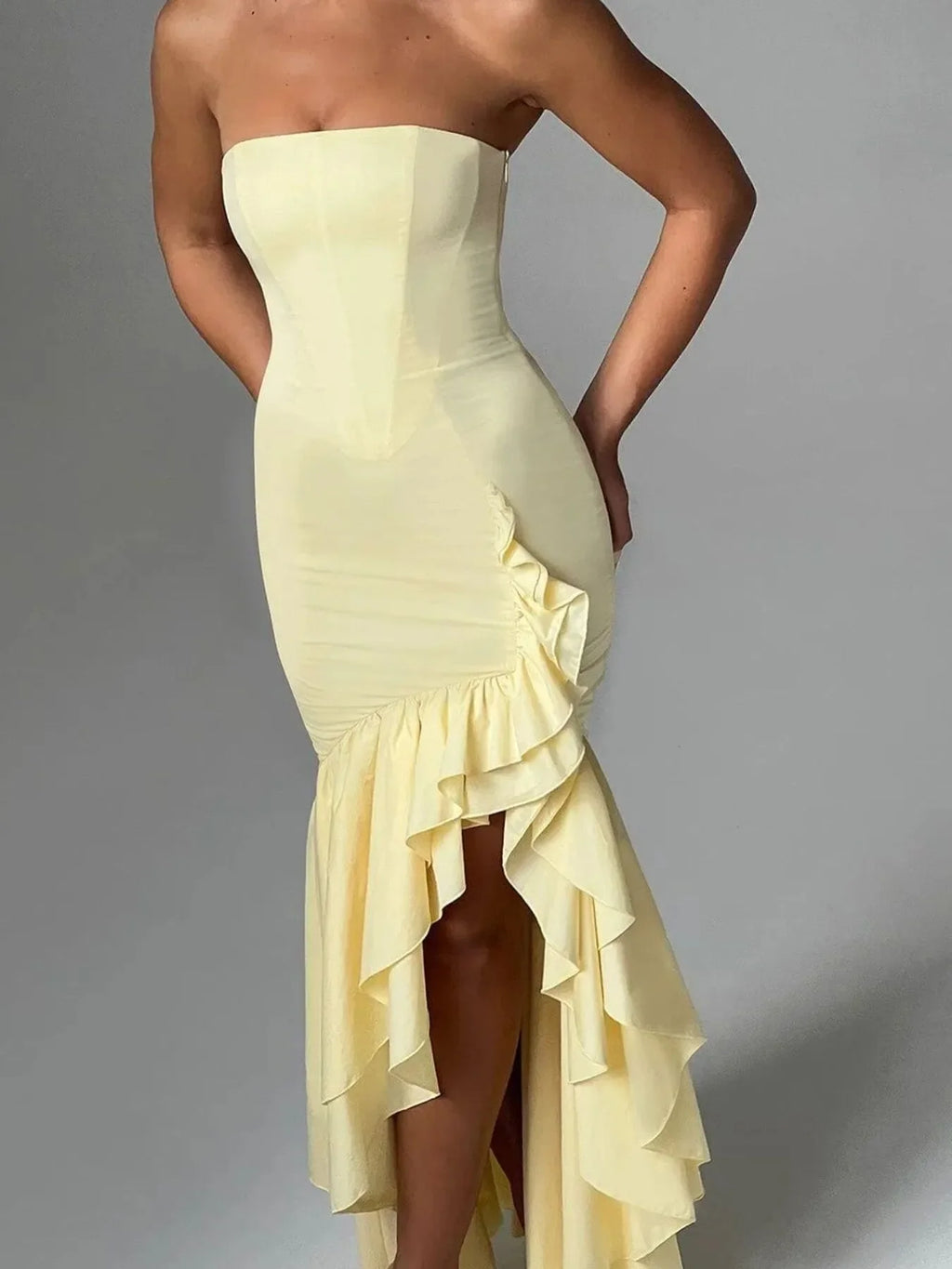 Strapless Ruffle High-Low Bodycon Dress