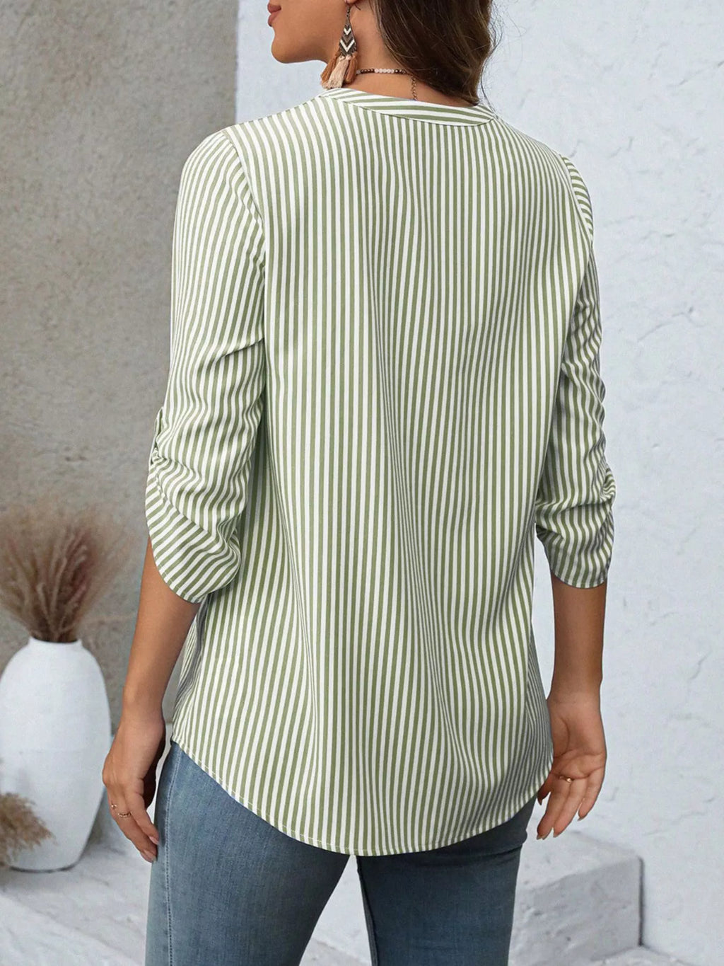 Striped V-Neck Roll-Up Sleeve Blouse