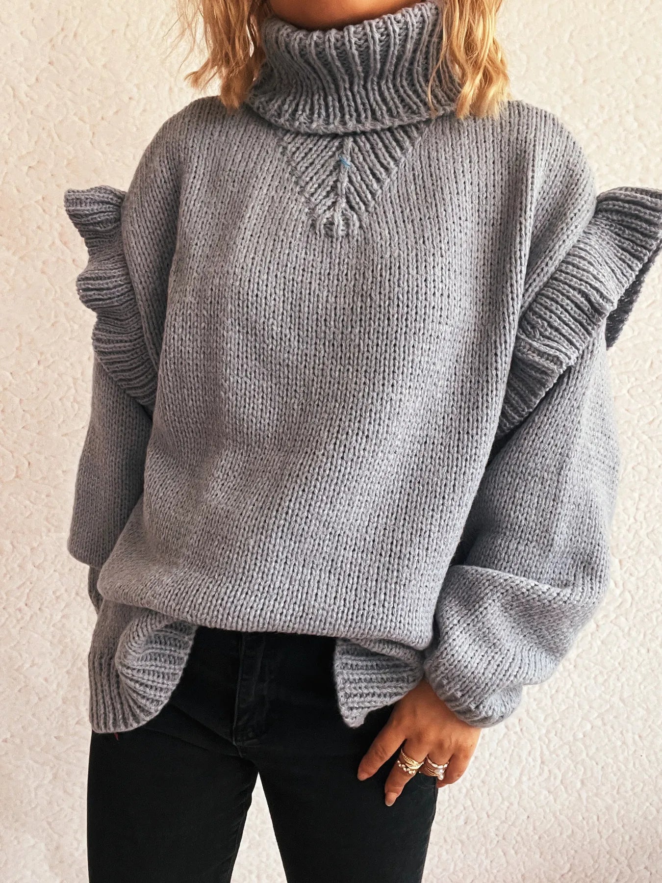 Ruffled Turtleneck Long Sleeve Sweater