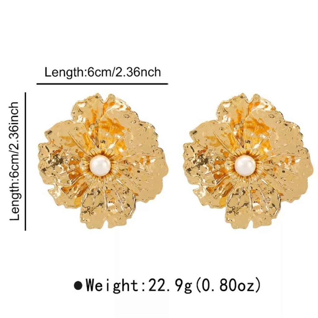 Gold Textured Flower Pearl Center Statement Earrings