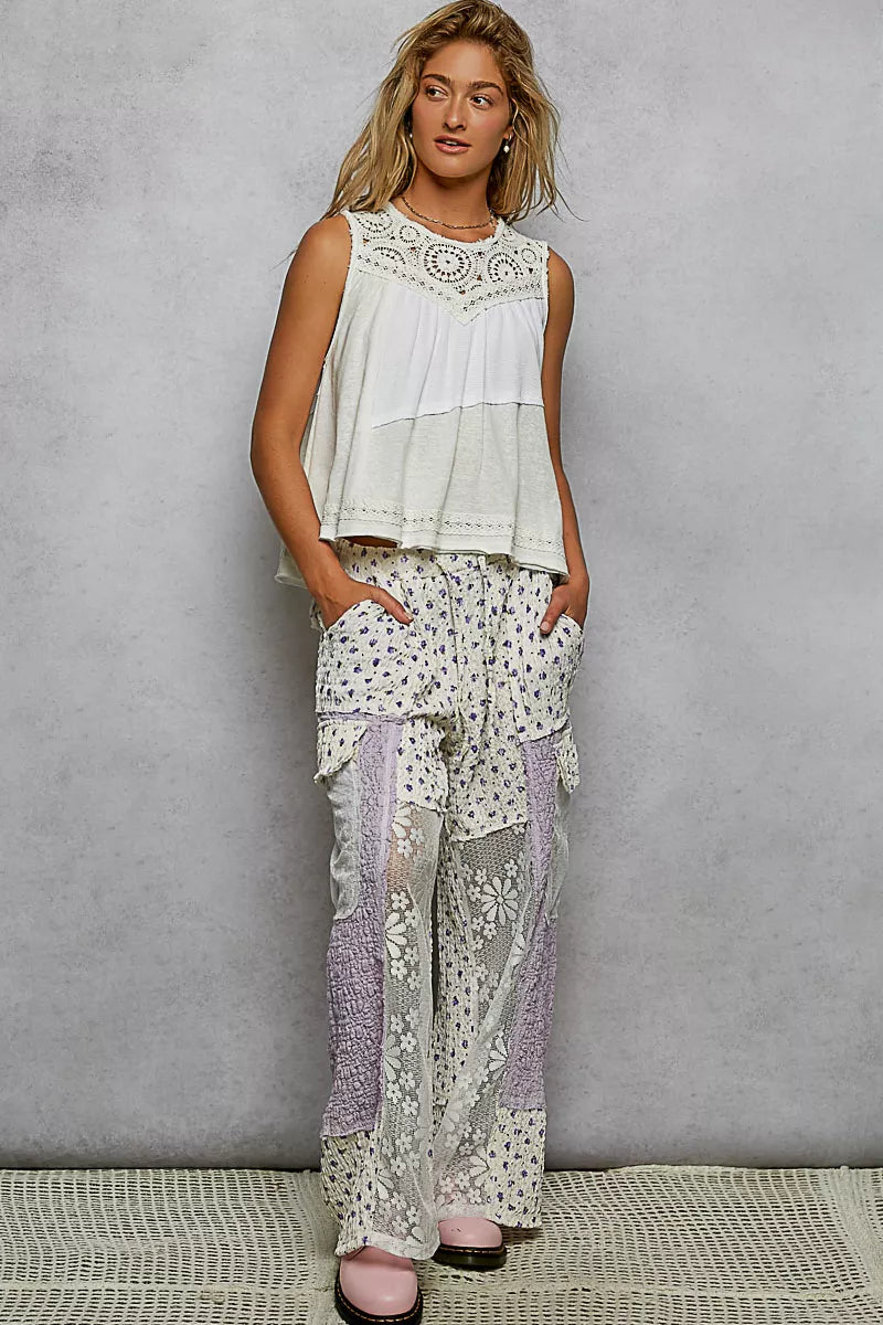 POL Round Neck Sleeveless Top with Crochet Contrast