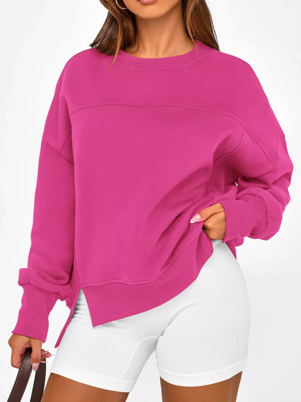 Slit Round Neck Dropped Shoulder Sweatshirt