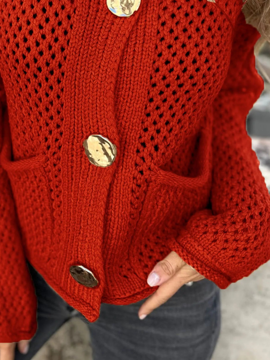 Crochet Button Up Long Sleeve Cardigan