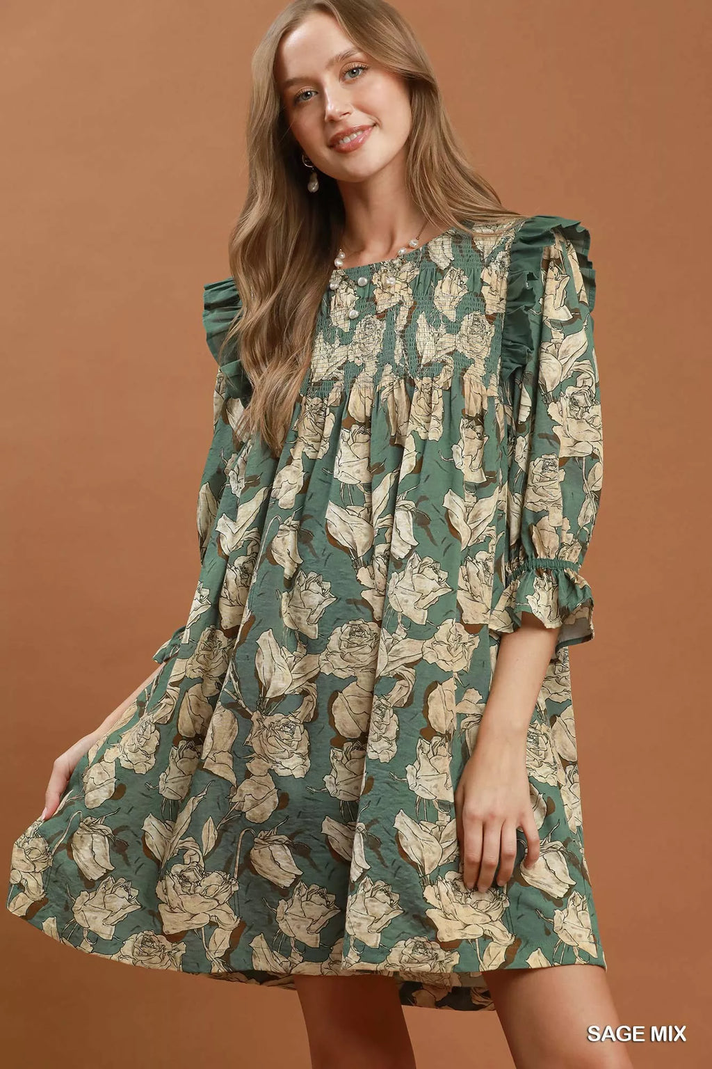 Umgee Mix Floral Print Smocked Ruffle Detail Flowy Dress