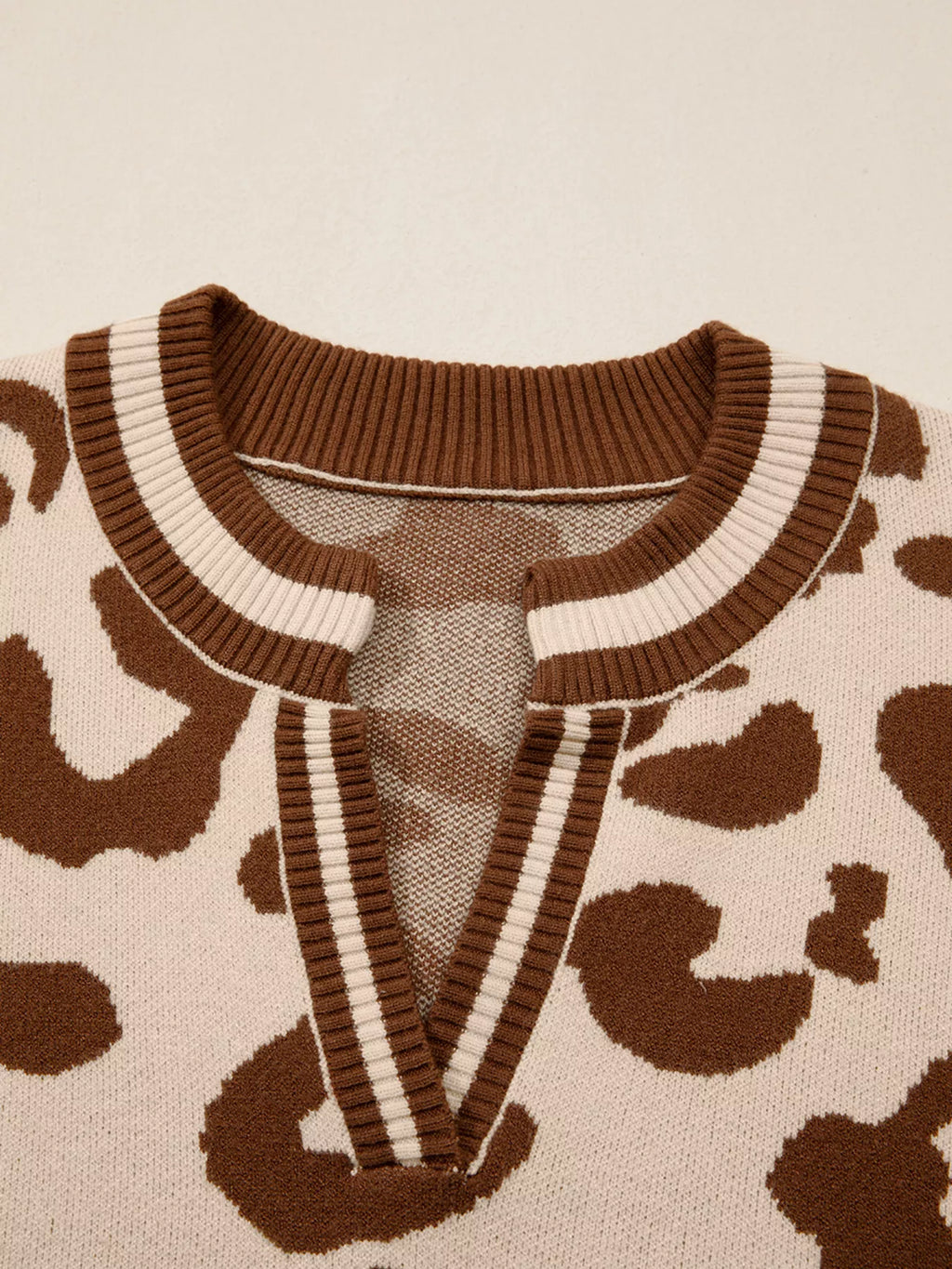 Leopard Knit Notched Casual Sweater