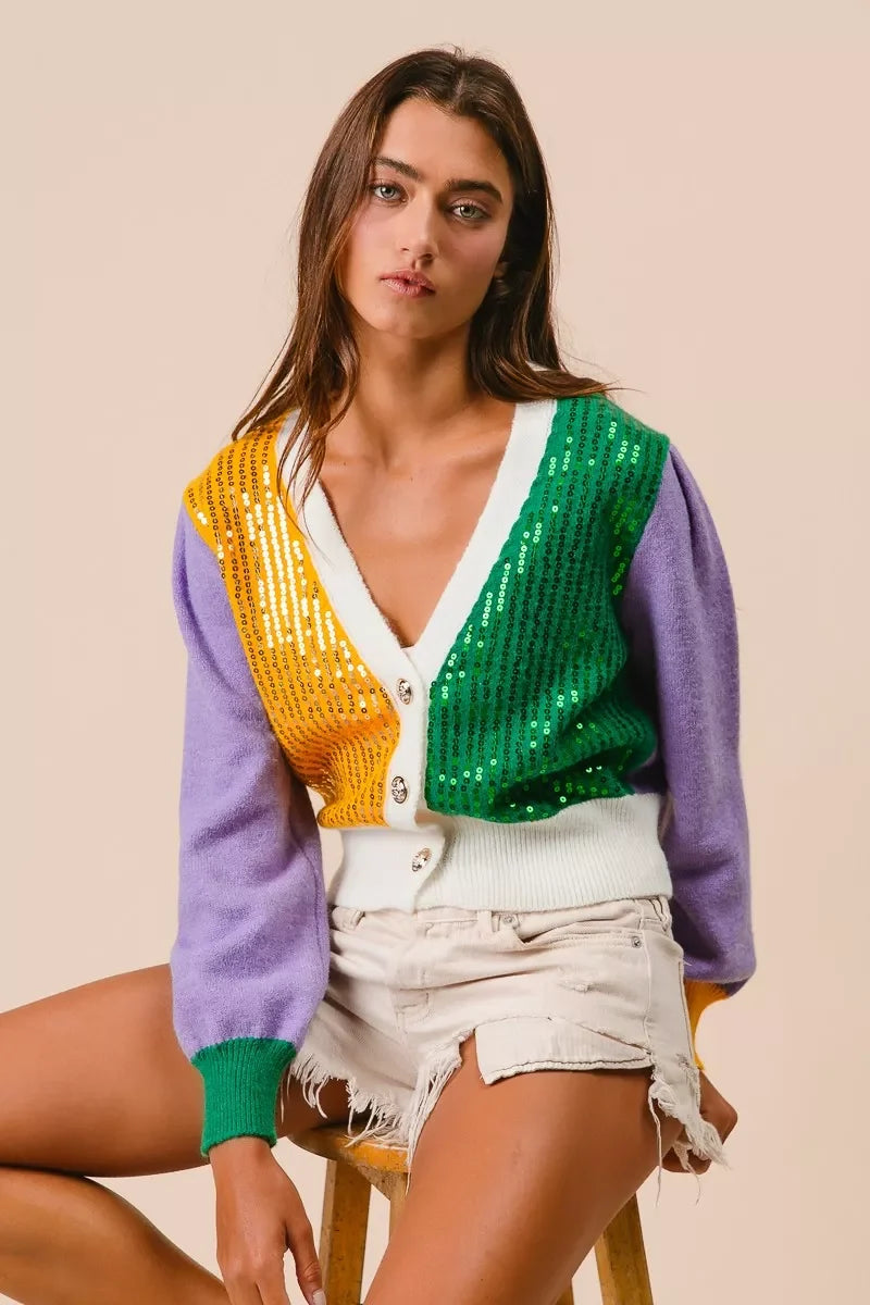 BiBi Mardi Gras Color Block Sequin Sweater Cardigan