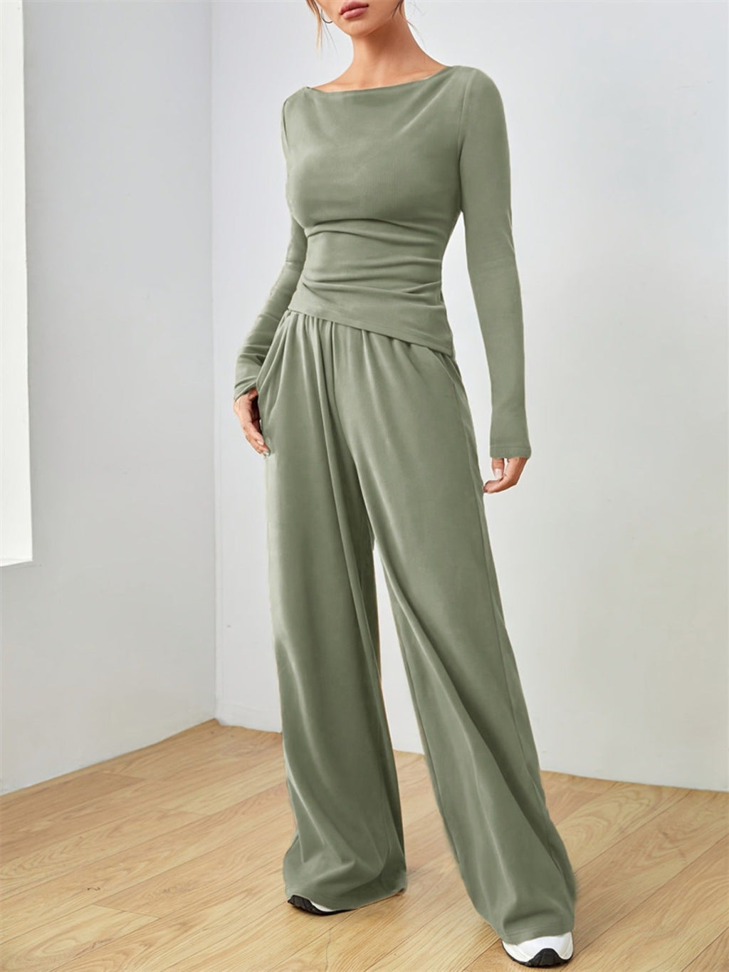 Casual Long Sleeve Top & Wide Leg Pants Set