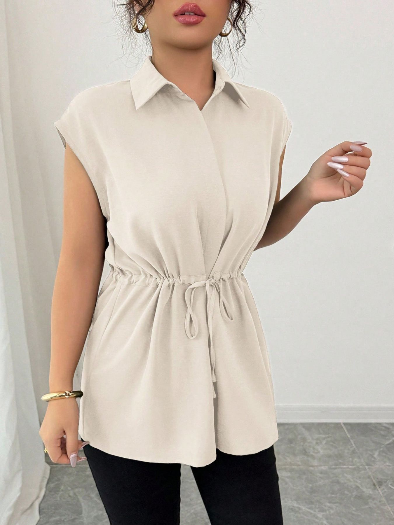 Drawstring Waist Cap Sleeve Shirt