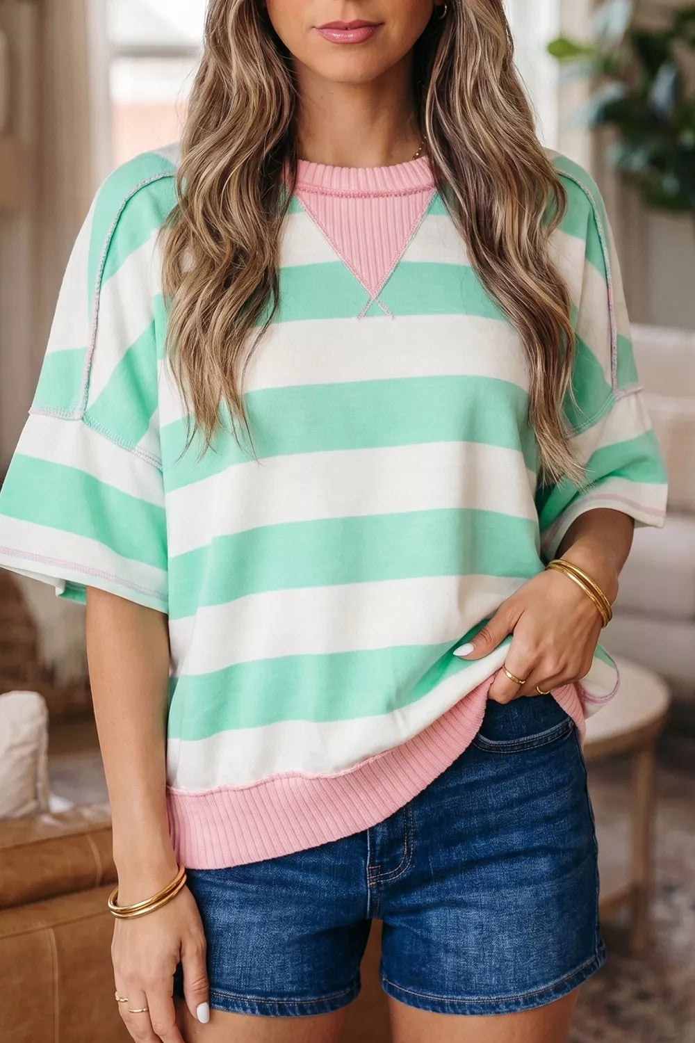 Stripe Exposed Seam Ribbed Patchwork Oversized Tee
