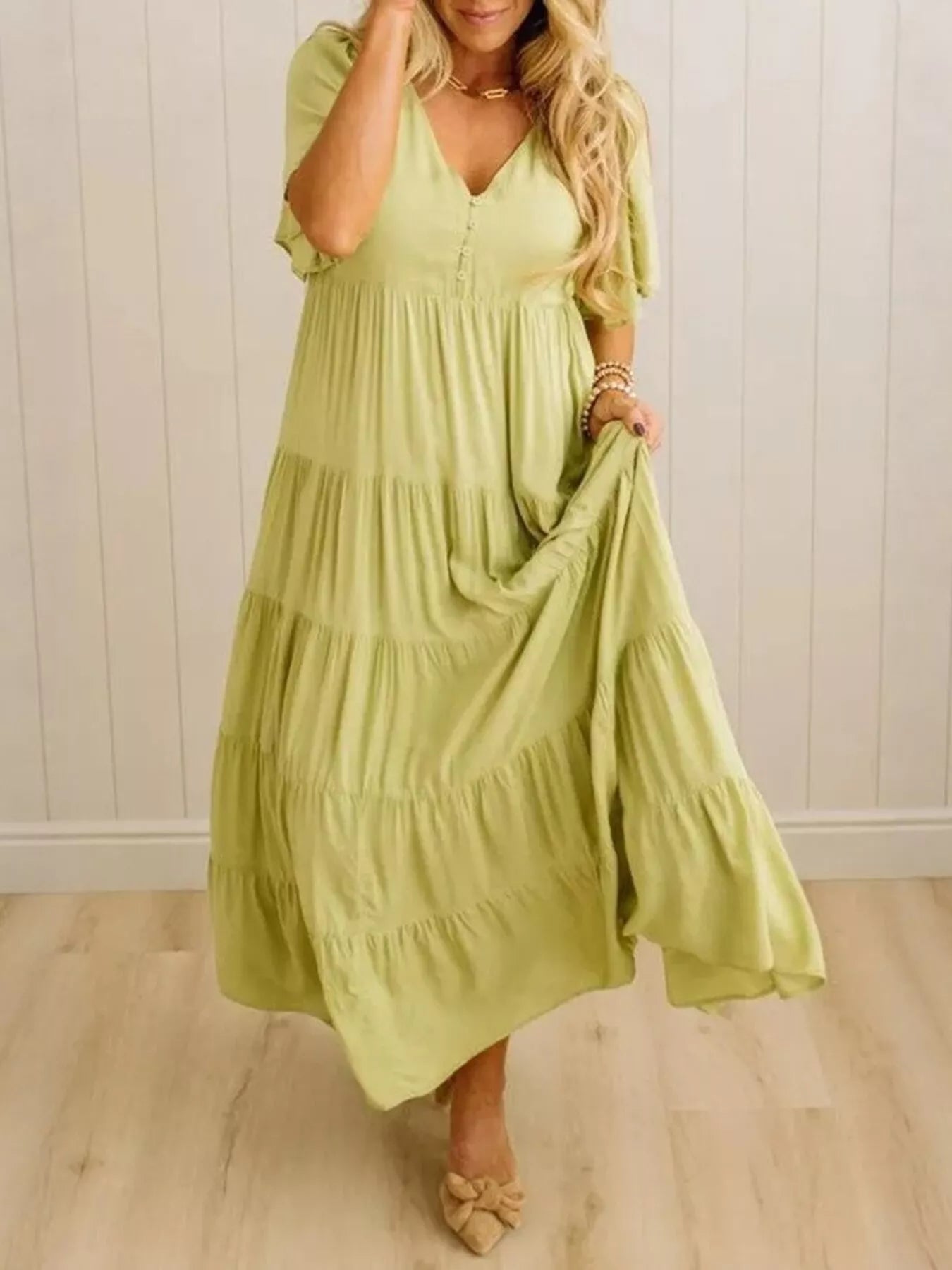 V-Neck Tiered Midi Dress