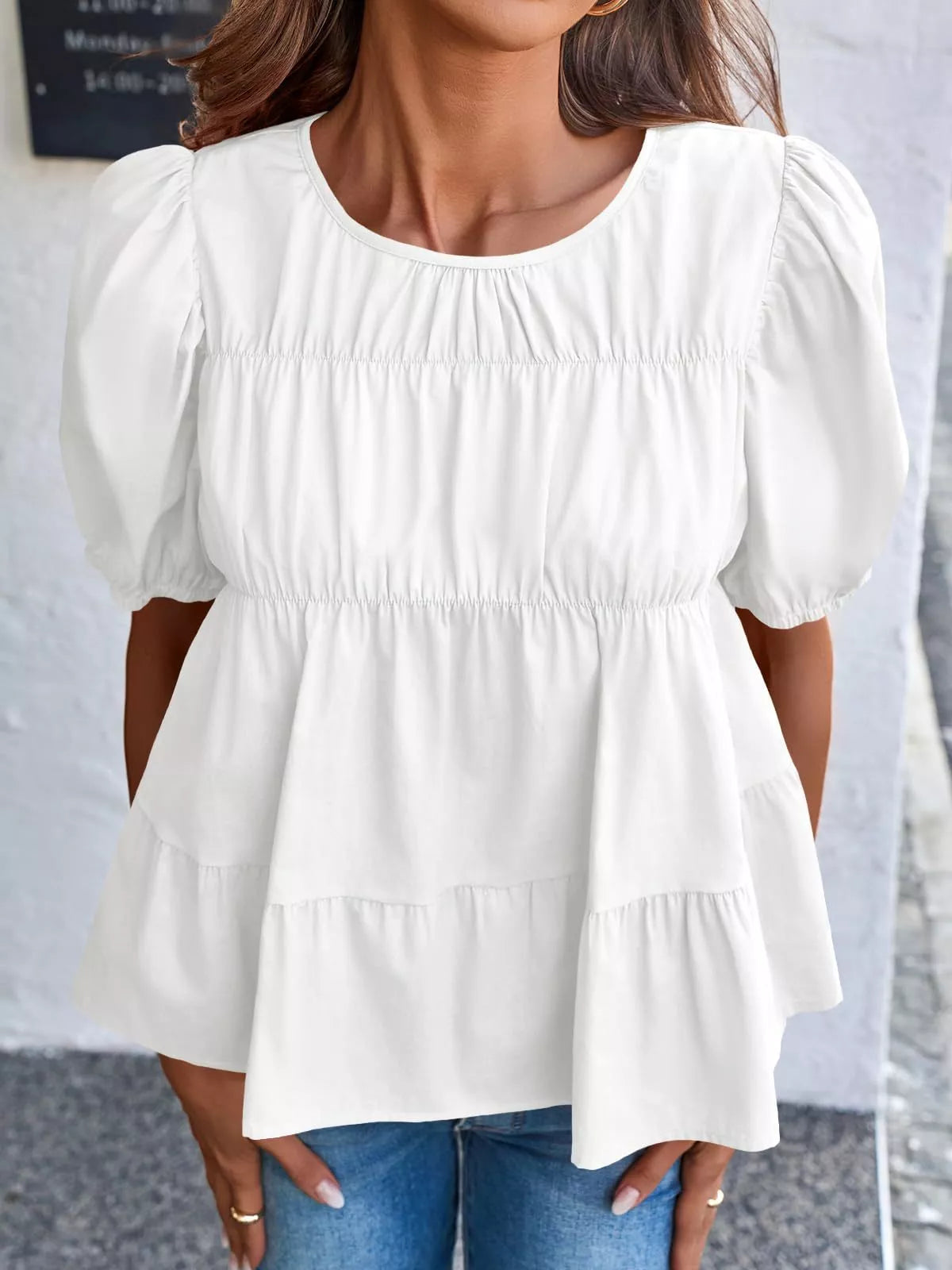 Ruched Tiered Puff Sleeve Blouse