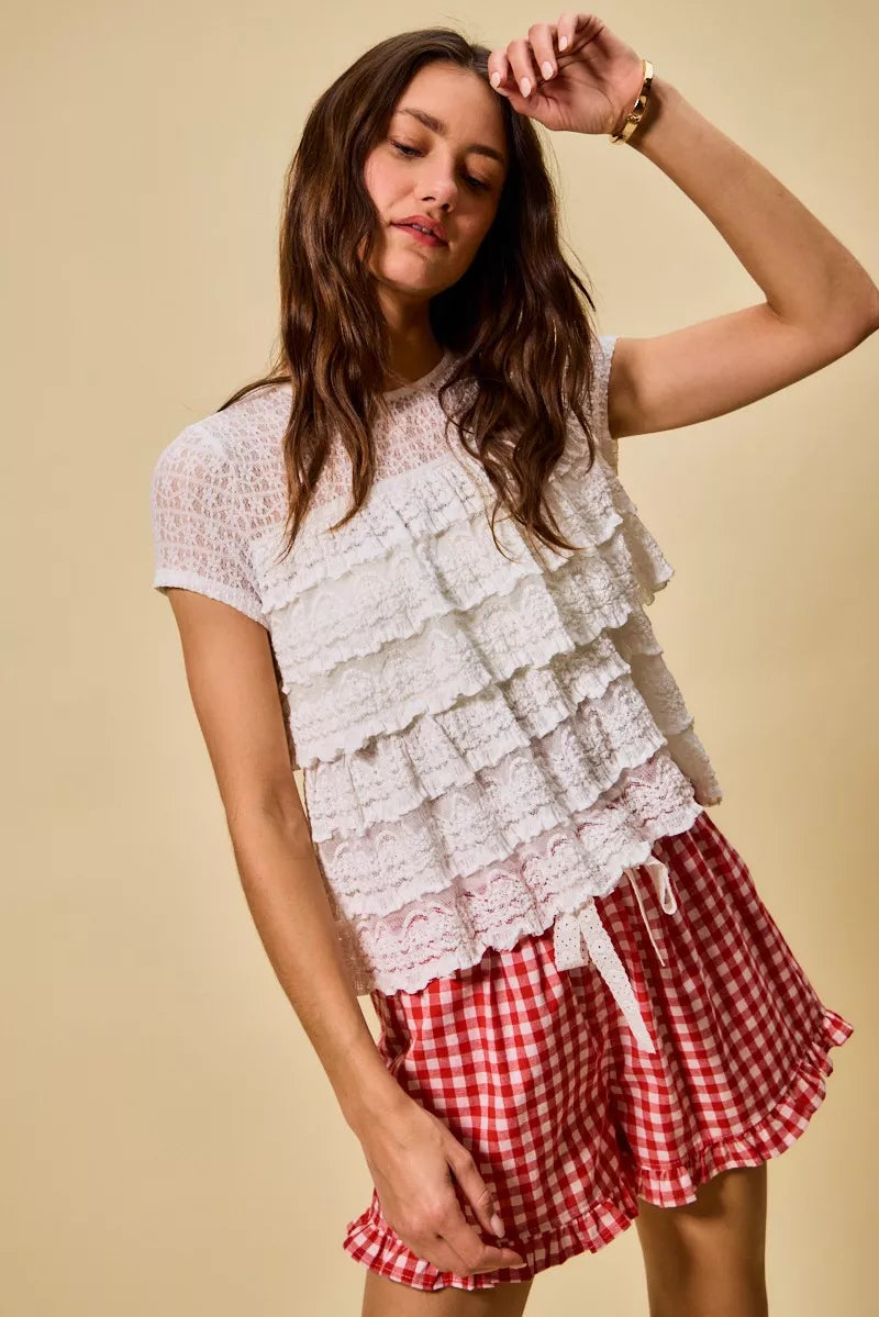 SO ME Ruffle Tiered Stretch Lace Short Sleeves Knit Top