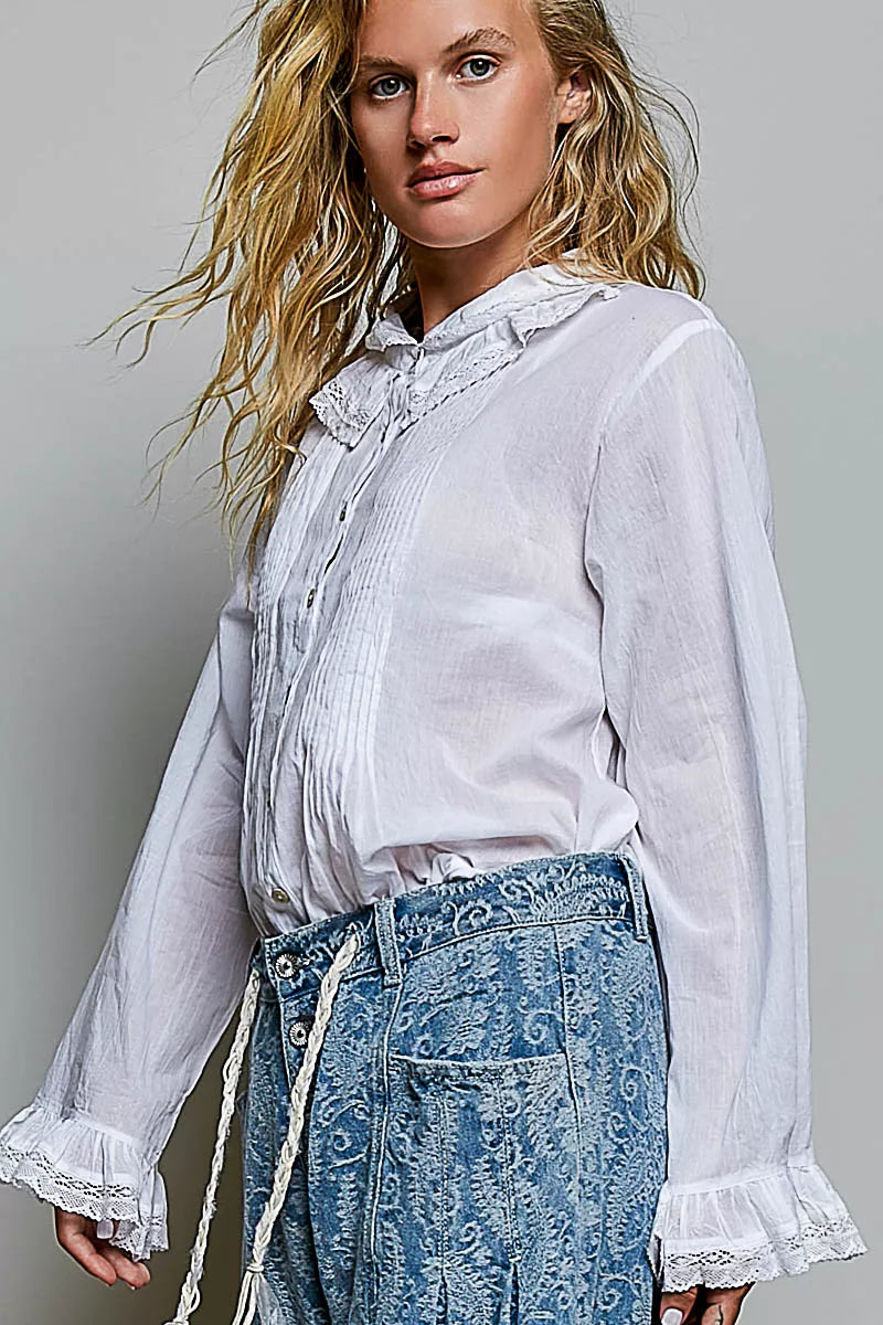 POL Woven Lace Trim Pintuck Button-Down Shirt