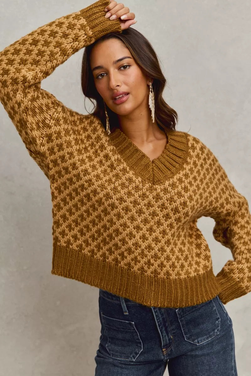 SO ME Color Block Textured Christmas Sweater V Neck Top