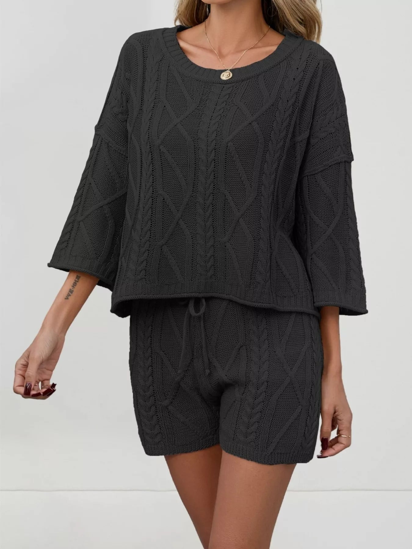 Cable Knit Round Neck Top and Shorts Sweater Set
