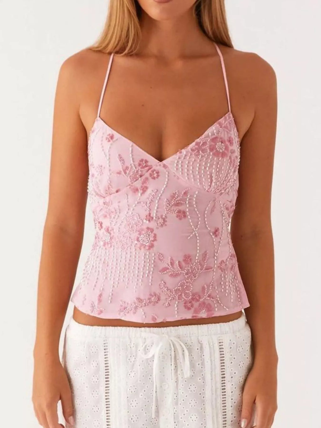 Floral Lace Up Back V-Neck Cami