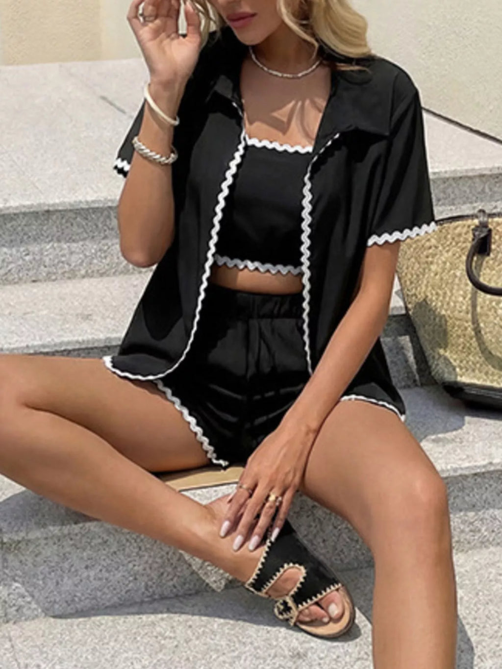 Scalloped Trim Cami & Cardigan & Shorts Set