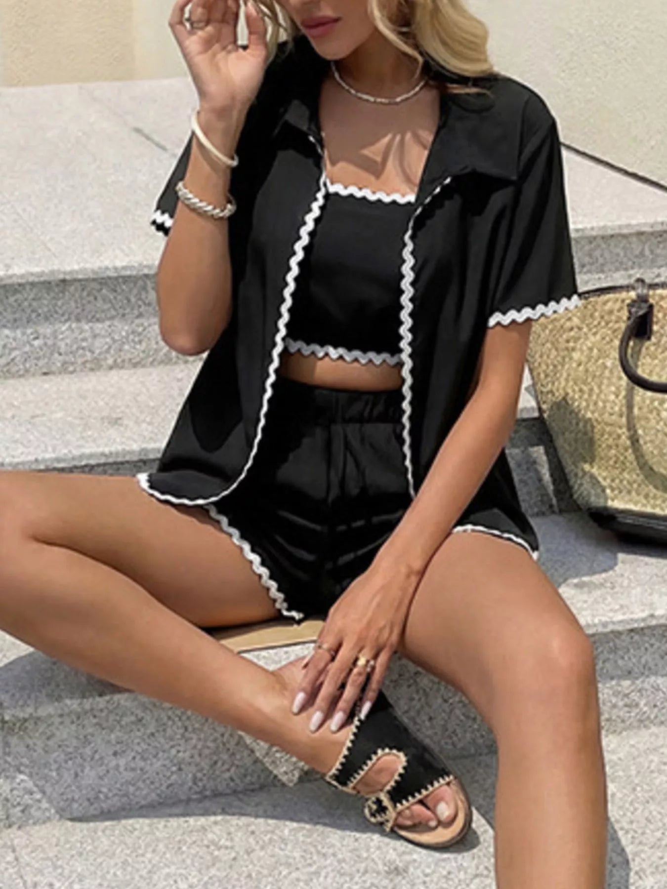 Scalloped Trim Cami & Cardigan & Shorts Set