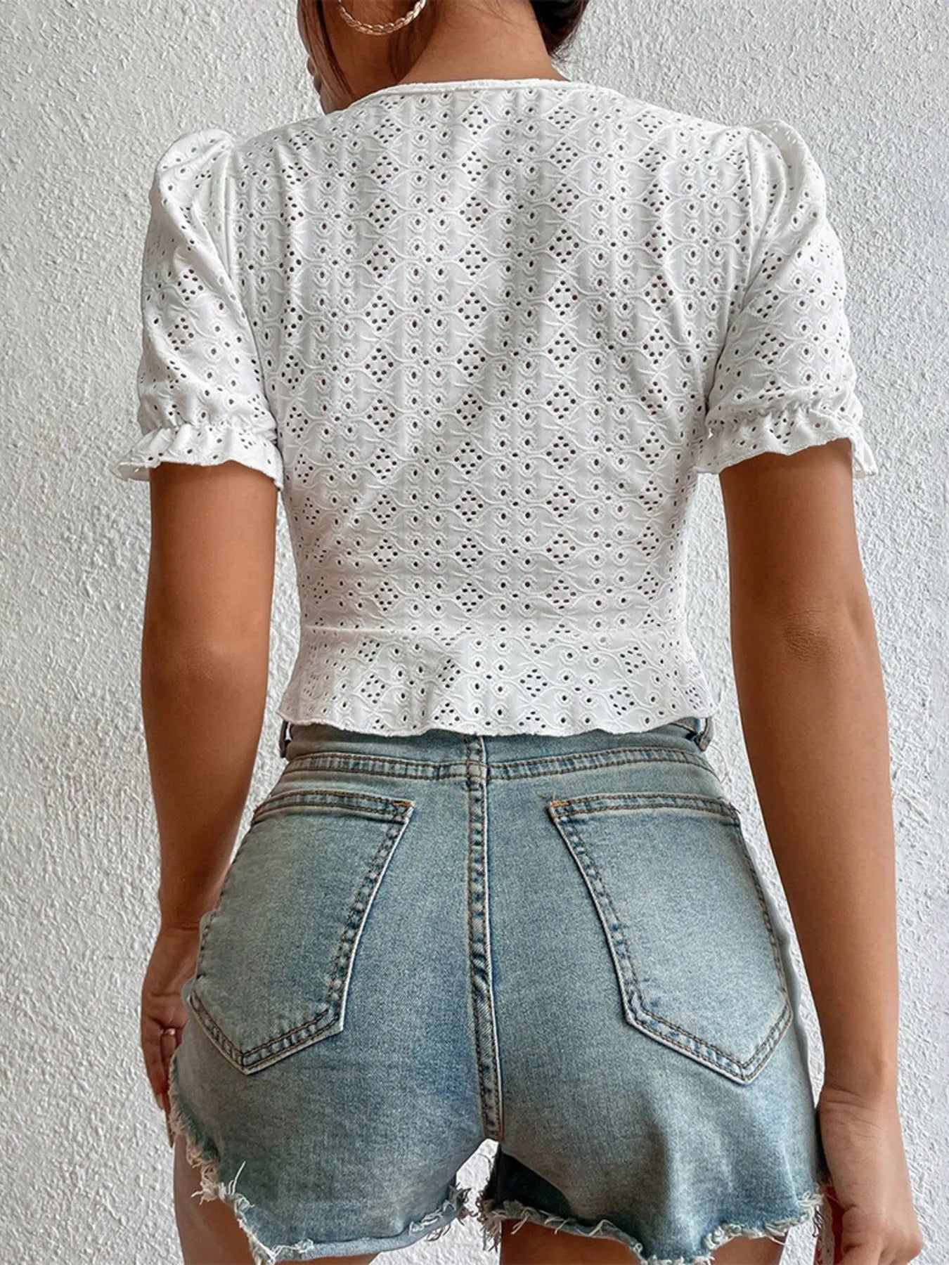 Eyelet Drawstring Puff Sleeve Crop Blouse