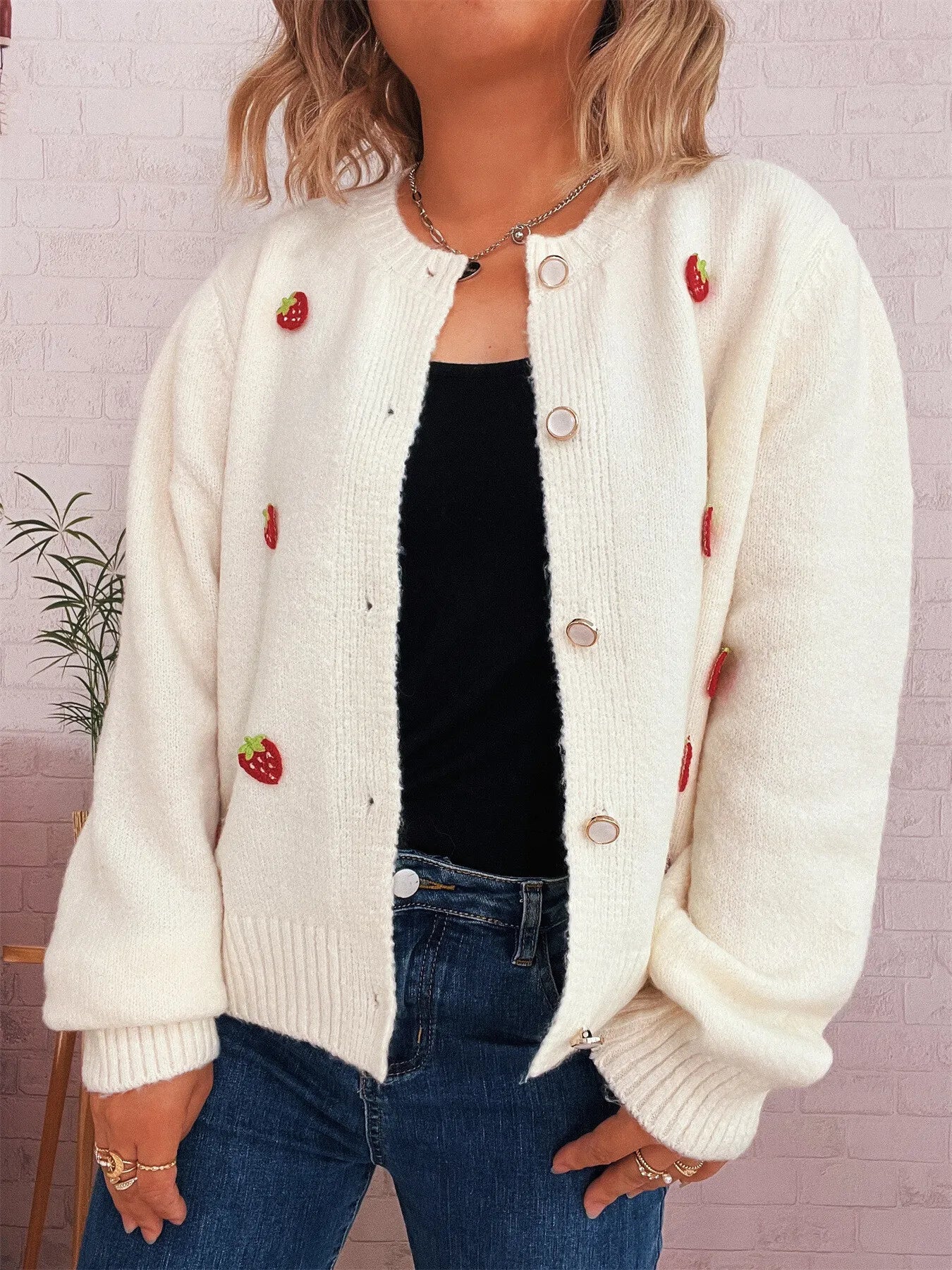 Strawberry Button Up Long Sleeve Cardigan