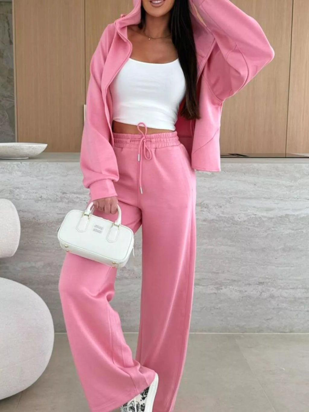Solid Color Zip Up Hoodie Drawstring Loose Pants Set